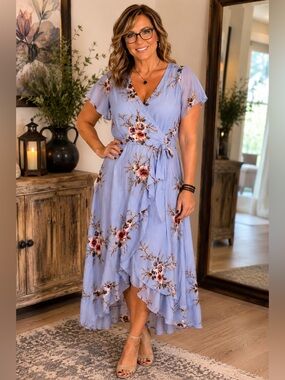 Light Blue Floral Wrap Maxi Dress